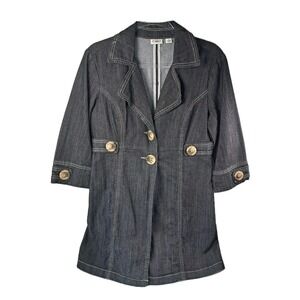 CATO Denim Coat Midi Length 32" Womens M Fitted Unlined Button Dark Wash Classic